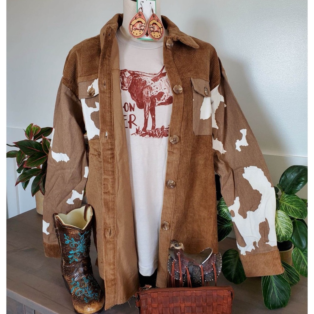 . Boutique Brown Cow Print Oversized Button Up Long Sleeve Corduroy Shacket - Picture 11 of 14